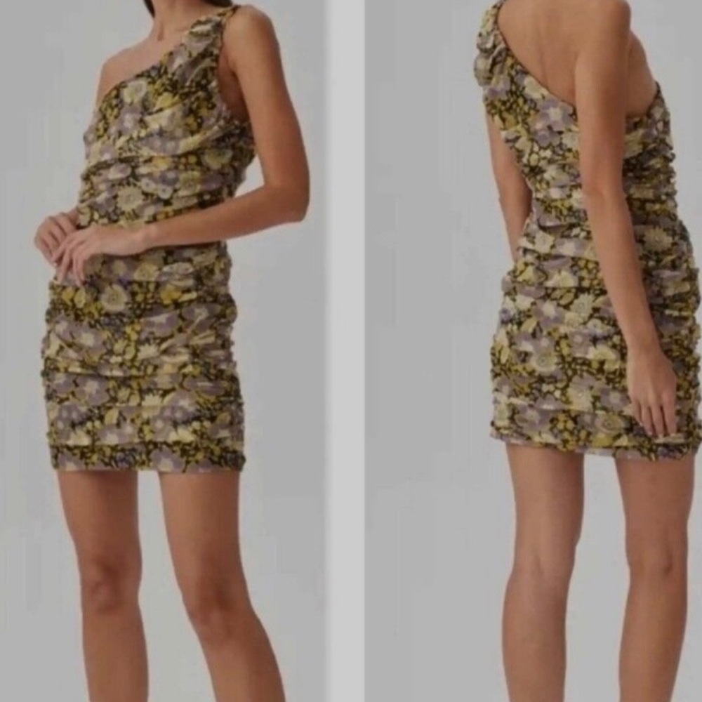 Zara Mini Dress draped One shoulder Floral Black Lilac and gold metallic size M